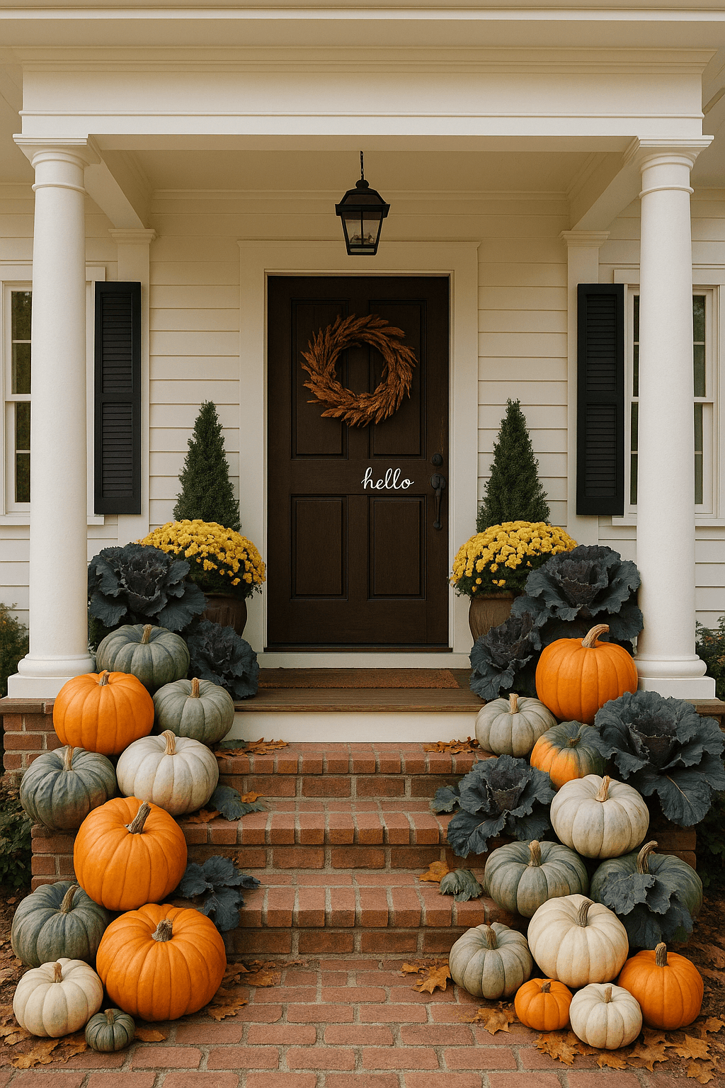 Beautiful fall porch decoration with pumpkins and mums in Wake Forest NC