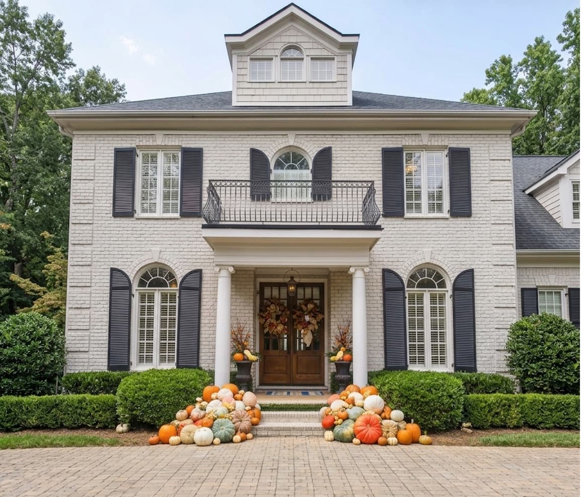 White brick colonial home with heirloom pumpkin displays flanking both sides of the front steps, styled by The Charming Stoop